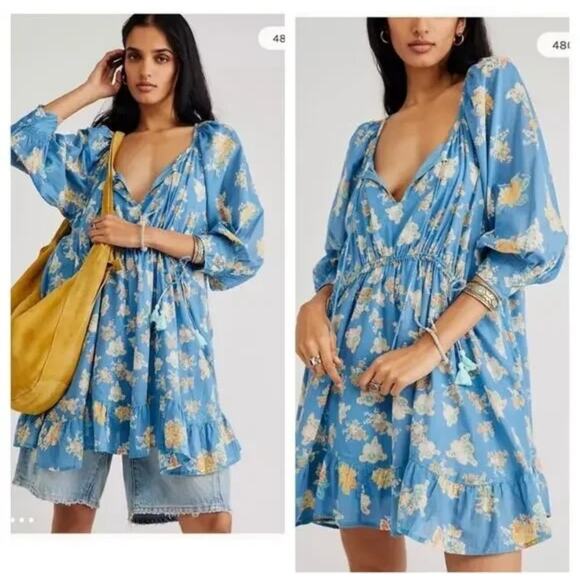 Free People Dress Womens XS Floral Boho Mini Tassel Lace-Up Pockets OB1666374 - Picture 1 of 12